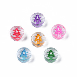 Letter A Transparent Clear Acrylic Beads, Horizontal Hole, Flat Round with Mixed Color Letter, Letter.A, 7x3.5mm, Hole: 1.2mm, about 3700pcs/500g