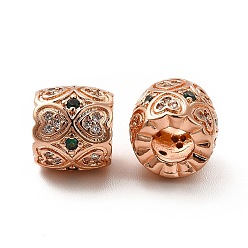 Real Rose Gold Plated Rack Plating Brass Micro Pave Cubic Zirconia European Beads, Large Hole Beads, Long-Lasting Plated, Cadmium Free & Lead Free, Column with Heart, Real Rose Gold Plated, 10x9mm, Hole: 4.7mm