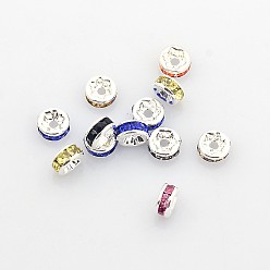 Mixed Color Brass Rhinestone Spacer Beads, Grade AAA, Straight Flange, Nickel Free, Silver Color Plated, Rondelle, Mixed Color, 5x2.5mm, Hole: 1mm