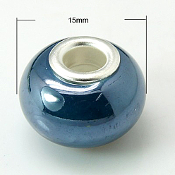 Marine Blue Handmade Porcelain European Beads, with Silver Color Brass Double Cores, Rondelle, Marine Blue, 15x10~11mm, Hole: 5mm