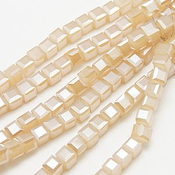 Bisque Electroplate Glass Beads Strands, Imitation Jade, Faceted Cube, Bisque, 4x4x4mm, Hole: 1mm