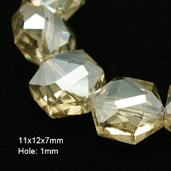 Wheat Electroplate Glass Beads, Half Plated, Faceted, Hexagon, Wheat, 11x12x7mm, Hole: 1mm