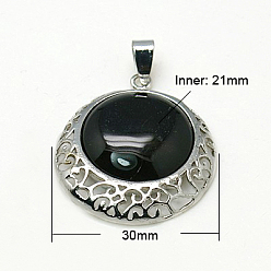 Black Agate Black Agate Pendants, with Brass Findings, Flat Round, Platinum Metal Color,  30x7mm, Tray: 21mm, Hole: 7x4mm