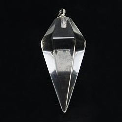 Quartz Crystal Gemstones Pendants, with Brass Clasp, Faceted Cone Pendulum, Synthetical, Platinum, Crystal, 31~37.5x14~16mm, Hole: 1.7mm