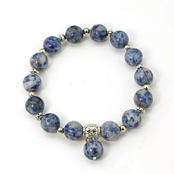Jaspe Avec Point Bleu Bracelets de perles de pierre gemme de mode, bracelets élastiques, avec des perles anciennes en alliage d'argent, tache bleue jasper, 55mm