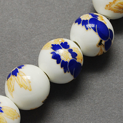 Blue Handmade Printed Porcelain Beads, Round, Blue, 12mm, Hole: 2mm