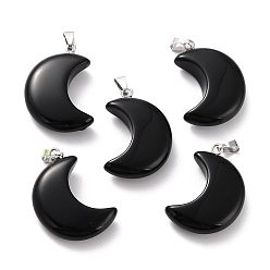 Obsidian Natural Obsidian Pendants, with Platinum Brass Loops, Moon, 29x18~21x7~10mm, Hole: 6x3mm