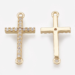 Real 18K Gold Plated Cubic Zirconia Links, Real 18K Gold Plated, with Brass Findings, Sideways Cross, Clear, 17.5x9x1.5mm, Hole: 1mm