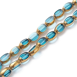 Blue Electroplate Glass Beads Strands, Gold Plating, Oval, Blue, 7x4x3mm, Hole: 1mm, about 50pcs/strand, 13.31''(33.8cm)