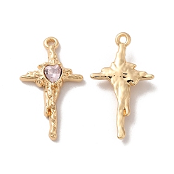 Pink Rack Plating Alloy Pandants, with Glass, Nickel Free, Cross with Heart Charms, Golden, Pink, 27.5x16x4.5mm, Hole: 1.5mm