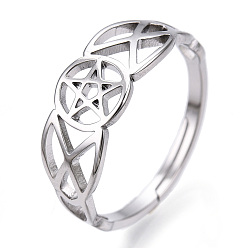 Stainless Steel Color 304 Stainless Steel Hollow Out Pentagram Adjustable Ring for Women, Stainless Steel Color, US Size 6 1/2(16.9mm)