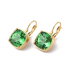 Verde Primavera Media Aretes de palanca con rectángulo de vidrio, real 14 k chapado en oro 304 joyas de acero inoxidable, verde primavera medio, 24x13.5x14 mm, pin: 0.8 mm