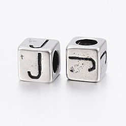 Antique Silver 304 Stainless Steel Large Hole Letter European Beads, Cube with Letter.J, Antique Silver, 8x8x8mm, Hole: 5mm