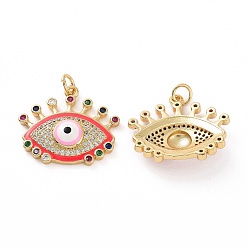 Pink Brass Micro Pave Colorful Cubic Zirconia Pendants, with Enamel and Jump Ring, Real 18K Gold Plated, Eye Charms, Pink, 19.5x23x5.5mm, Jump Ring: 5x0.8mm, Inner Diameter: 3.2mm
