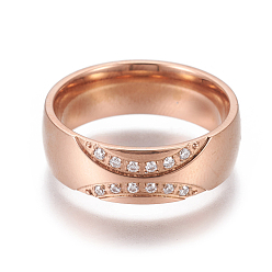 Rose Gold 304 Stainless Steel Finger Rings, with Cubic Zirconia, Wide Band Rings, Clear, Rose Gold, Size 6~9, 16~19mm