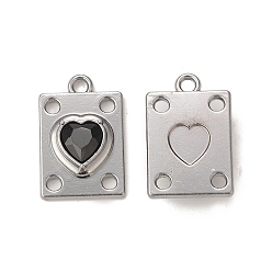 Black Rack Plating Alloy Glass Pendants, Platinum, Rectangle with Heart Charms, Black, 19.5x12.5x5mm, Hole: 1.8mm