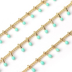 Aquamarine Handmade Enamel Beaded Chains, with Brass Curb Chains, Soldered, with Spool, Long-Lasting Plated, Real 18K Gold Plated, Aquamarine, 5.5x1.5~2mm, about 32.8 Feet(10m)/roll