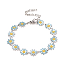 Deep Sky Blue Enamel Daisy Link Chains Bracelet, 304 Stainless Steel Jewelry for Women, Stainless Steel Color, Deep Sky Blue, 7-1/4 inch(18.4cm)