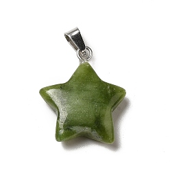Southern Jade Natural Southern Jade Pendants, Star Charms, with Platinum Tone Stainless Steel, 22~22.5x19~20x5~5.5mm, Hole: 5x3mm
