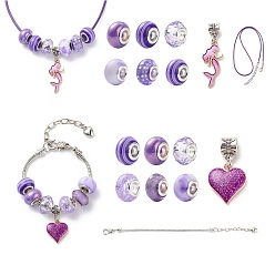 Pourpre Moyen Kit de fabrication de collier de bracelet européen bricolage pour enfant, y compris la fabrication d'un bracelet en chaîne en laiton et d'un collier en corde de cire, pendentif en alliage de style grand trou et perles de résine, support violet, pendentif: 29~39 mm, Trou: 5mm, 16 pièces / kit