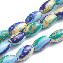 Feuille Perles de porcelaine imprimés faits à la main, ovale, motif de feuille, 14~16x8~9mm, Trou: 1.5~2mm, Environ 23 pcs/chapelet, 13.5 pouce (34 cm)