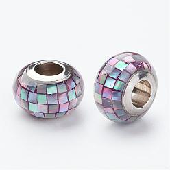 Lilac 304 Stainless Steel Resin European Beads, with Shell and Enamel, Rondelle, Large Hole Beads, Lilac, 12x8mm, Hole: 5mm