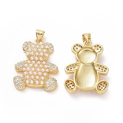 Golden Brass Micro Pave Clear Cubic Zirconia Pendants, with Imitation Pearls, Bear Charms, Golden, 26x19.5x5mm, Hole: 3x4mm