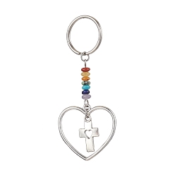 Cross Heart Alloy Pendant Keychain, with Chakra Gemstone Chip and Iron Split Key Rings, Cross, 7.4cm