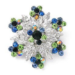 Colorido Broche de aleación chapado en color plateado con forma de copo de nieve, con diamantes de imitación de cristal, colorido, 40.5x29.5x12.5 mm