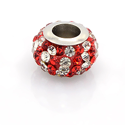 Hyacinth 304 Stainless Steel Polymer Clay Rhinestone European Beads, Large Hole Rondelle Beads, Hyacinth, 11x7.5mm, Hole: 5mm
