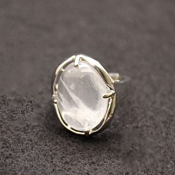 Cristal de Quartz Bague réglable ovale en cristal de quartz naturel, bijoux en alliage de platine pour femmes, diamètre intérieur: 18 mm