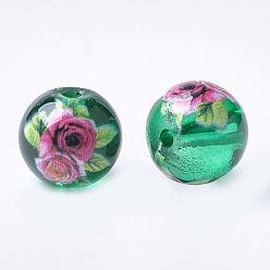 Verde Perlas de vidrio transparente impresas y pintadas con spray, redondo con estampado de flores, verde, 8~8.5x7.5 mm, agujero: 1.4 mm