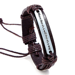 Coconut Brown Adjustable Cowhide Cord Bracelets for Men, Antique Silver Tone Rectangle Word Alloy Links Bracelets, Coconut Brown, 6-3/4~7-1/8 inch(17~18cm)