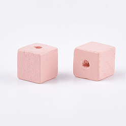 Pink Painted Natural Wood Beads, Cube, Pink, 10x10x10mm, Hole: 2mm