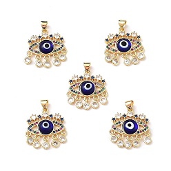 Blue Lampwork Evil Eye Pendants with Colorful Cubic Zirconia, Real 18K Gold Plated Brass Findings, Lead Free & Cadmium free, Blue, 27x22.5x4.5mm, Hole: 4x3.5mm
