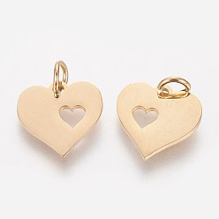 Golden 304 Stainless Steel Pendants, Heart with Heart, Golden, 12x12.5x1mm, Hole: 3mm