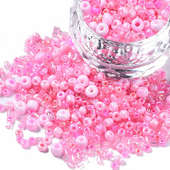 Rose Chaud Perles de rocaille en verre, mixedstyle, formes mixtes, rose chaud, 1~7x2~4mm, Trou: 0.7~1mm, environ 450 g / livre