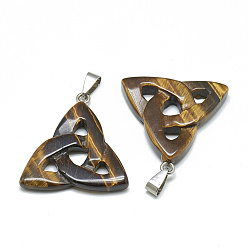 Tiger Eye Natural Tiger Eye Pendants, with Stainless Steel Snap On Bails, Trinity Knot/Triquetra, Irish, 23~40x33~38x5~7mm, Hole: 6x4mm