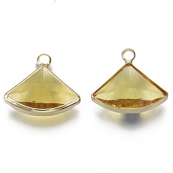 Light Khaki Transparent Glass Pendants, with Light Gold Plated Brass Findings, Faceted, Fan, Light Khaki, 16~17x19x6mm, Hole: 2mm