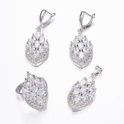 White Brass Micro Pave Cubic Zirconia Jewelry Sets, Pendants & Hoop Earrings & Finger Rings, Marquise/Horse Eye, Platinum, White, Size 9(19mm), 38.5x17x5.5mm, Hole: 5.5x4mm, 49x17x5.5mm, Pin: 1mm