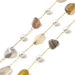 Botswana Agate Ion Plating(IP) 316 Surgical Stainless Steel Paperclip Chains, with Natural Botswana Agate Nuggets Beads and Glass Beads, Soldered, Real 18K Gold Plated, with Spool, Link: 2.5x1x0.5mm