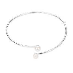 Platinum SHEGRACE Cute Rhodium Plated 925 Sterling Silver Cuff Bangle, with Shell Pearls, Platinum, 185mm