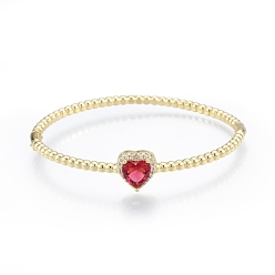 Carmesí Brazalete con corazón de circonitas cúbicas, joyas de latón chapado en oro real 18k para mujer, carmesí, diámetro interior: 2x2-3/8 pulgada (5x5.9 cm)