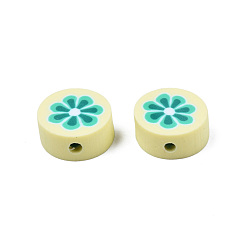 Champagne Yellow Handmade Polymer Clay Beads, Flat Round with Flower, Champagne Yellow, 9~10x4~4.5mm, Hole: 1.2~1.8mm