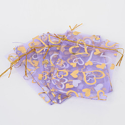 Púrpura Media Corazón impreso bolsas de organza, bolsas de regalo, Rectángulo, púrpura medio, 12x10 cm