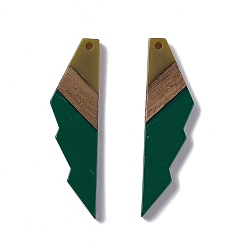 Vert Foncé Gros pendentifs en résine opaque et bois de noyer, charmes de forme dentelée, vert foncé, 53x14x3mm, Trou: 2mm