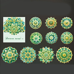 Lime Green 10Pcs 10 Styles Mandala Flower Waterproof PET Decorative Stickers, Laser Self-adhesive Decals, for DIY Scrapbooking, Lime Green, 80mm, 1pc/style