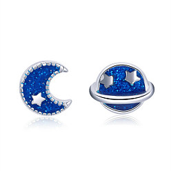 Dodger Blue Rhodium Plated 925 Sterling Silver Enamel Stud Earrings, Asymmetrical Earrings, Moon & Sun, with 925 Stamp, Real Platinum Plated , Dodger Blue, 7x6mm, 6x8mm