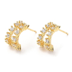 Real 18K Gold Plated Rack Plating Brass Arch Stud Earrings with Cubic Zirconia, Lead Free & Cadmium Free, Real 18K Gold Plated, 17.5x7.5mm