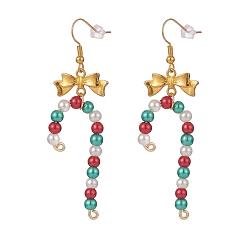 Colorful Glass Christmas Candy Cane with Alloy Bowknot Dangle Earrings, Gold Plated Brass Jewelry for Women, Colorful, 69mm, Pin: 0.8mm